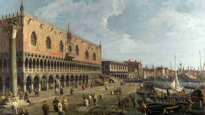 Canaletto - The Doge's Palace and the Riva degli Schiavoni [late 1730s] - The buildings are (from left to right): the column of St Mark; the Doge's Palace; the Ponte della Paglia; the prisons; the uncompleted church of the Pietà (St. Maria della Visitazione) can be seen along the Riva degli Schiavoni. The architecture in this area is a generalised version of that which can actually be seen there. In front of the Ponte della Paglia is a temporary hut and a knife-grinder's stall. Previously thought to be a studio work, recent cleaning makes it clear that the painting is an autograph work (a painting  which is thought to have been painted entirely by the specified artist, rather than being, for instance, partly, or wholly, by studio assistants), probably of the late 1730s.

[Oil on canvas, 61.3 x 99.8 cm], tags: 80 - Gandalf's Gallery via Flickr